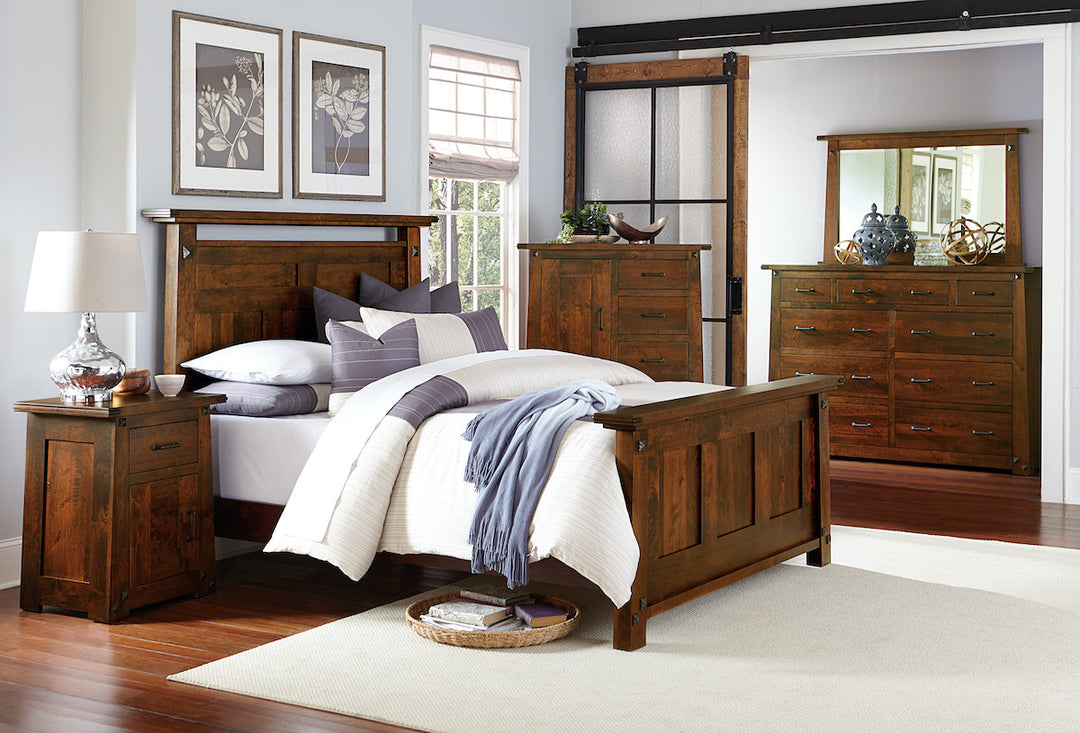 El Paso bedroom suite of a bed nightstand 1 door 5 drawer chest and 9 drawer dresser with mirror