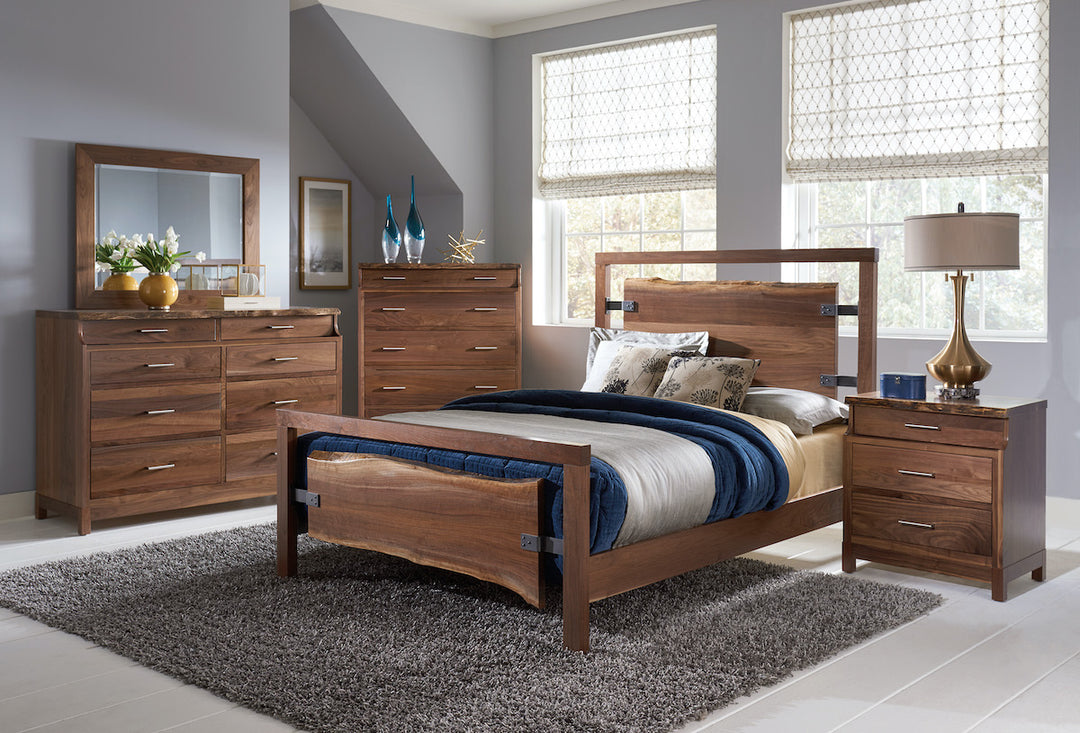 Winchester bedroom suite of a bed nightstand 5 drawer chest and 8 drawer dresser with mirror