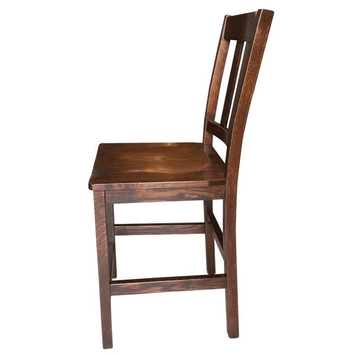 Side view of Old Mission 24 inch high Barstool with Wood Seat in Solid Oak | Amish Furniture Creations ™