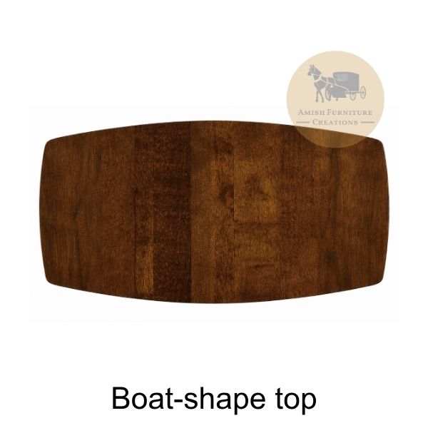 A boat-shaped wooden top with a rich dark brown wood grain finish, shown on a white background with the text 'Boat-shape top' and an 'Amish Furniture Creations' logo in the top right.