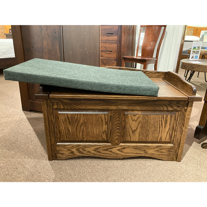 Clearance Amish made Scallop Storage Chest with cushion slightly off to show it is removable - Amish Furniture Creations™