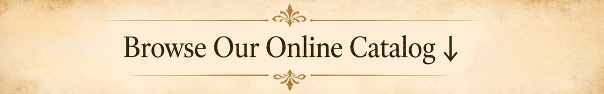 A banner-style graphic with the text 'Browse Our Online Catalog' in dark brown lettering on a warm beige parchment-like background, with decorative flourishes and a downward arrow.