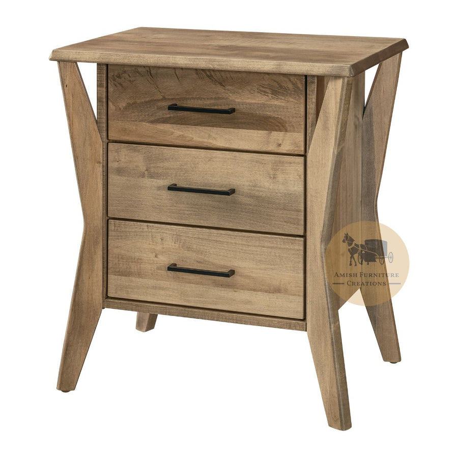Tan maple wood Winston 3 Drawer Nightstand with angled legs | Amish Furniture Creations ™