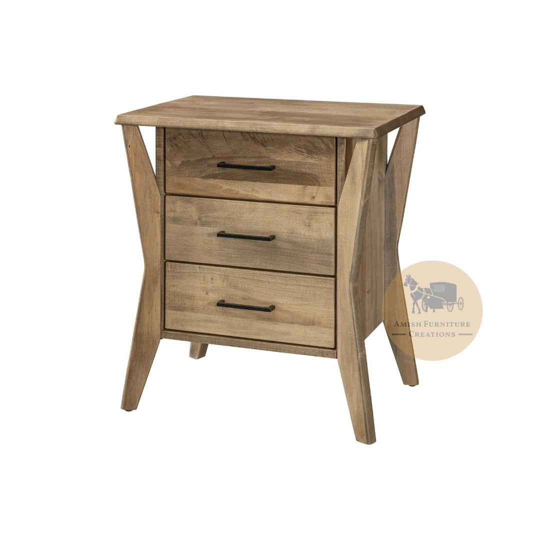 Tan maple wood Winston 3 Drawer Nightstand with angled legs | Amish Furniture Creations ™