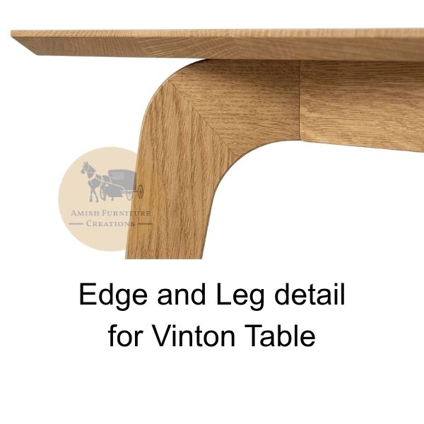 Close-up detail of a wooden table edge and curved leg on a white background, with text reading 'Edge and Leg detail for Vinton Table' and an Amish Furniture Creations logo.