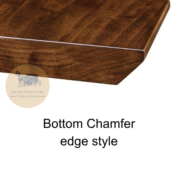 Close-up of a wooden furniture table edge showing a chamfered bottom edge, with text reading 'Bottom Chamfer edge style' and an Amish Furniture Creations logo on a white background.