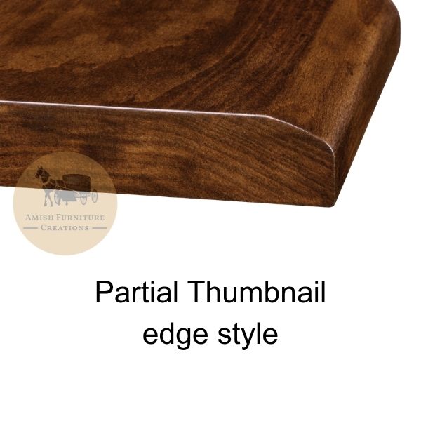 Close-up of a dark brown wooden furniture corner showing a partial thumbnail edge style, with text reading 'Partial Thumbnail edge style' and an Amishi Furniture Creations logo on a white background.