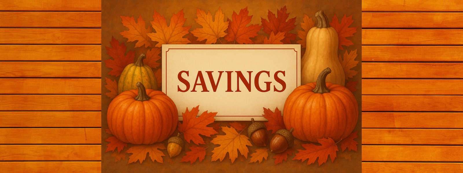 Autumn-themed banner with pumpkins, leaves, and a 'SAVINGS' sign on a wooden background.