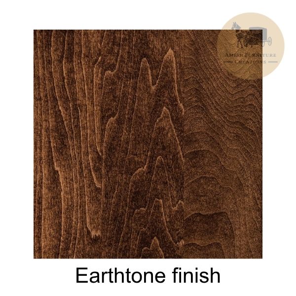 A square wood finish sample showing a dark brown grain pattern, labeled 'Earthtone finish' on a white background with a small circular 'Amish Furniture Creations' logp watermark in the top right.
