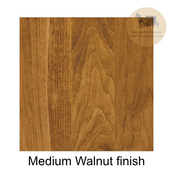 A square wood finish sample labeled 'Medium Walnut finish' on a white background, with a small Amish Furniture Creations logo in the top right.