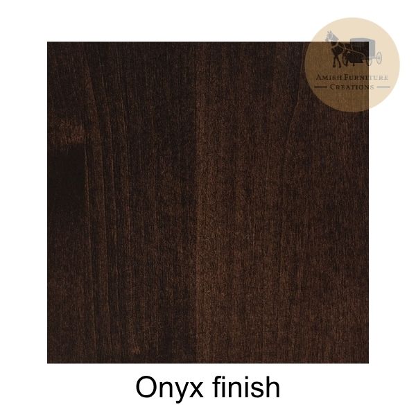 A square wood finish swatch of a dark blackish brown color labeled 'Onyx finish' on a white background, with an Amish Furniture Creations logo in the top right corner.