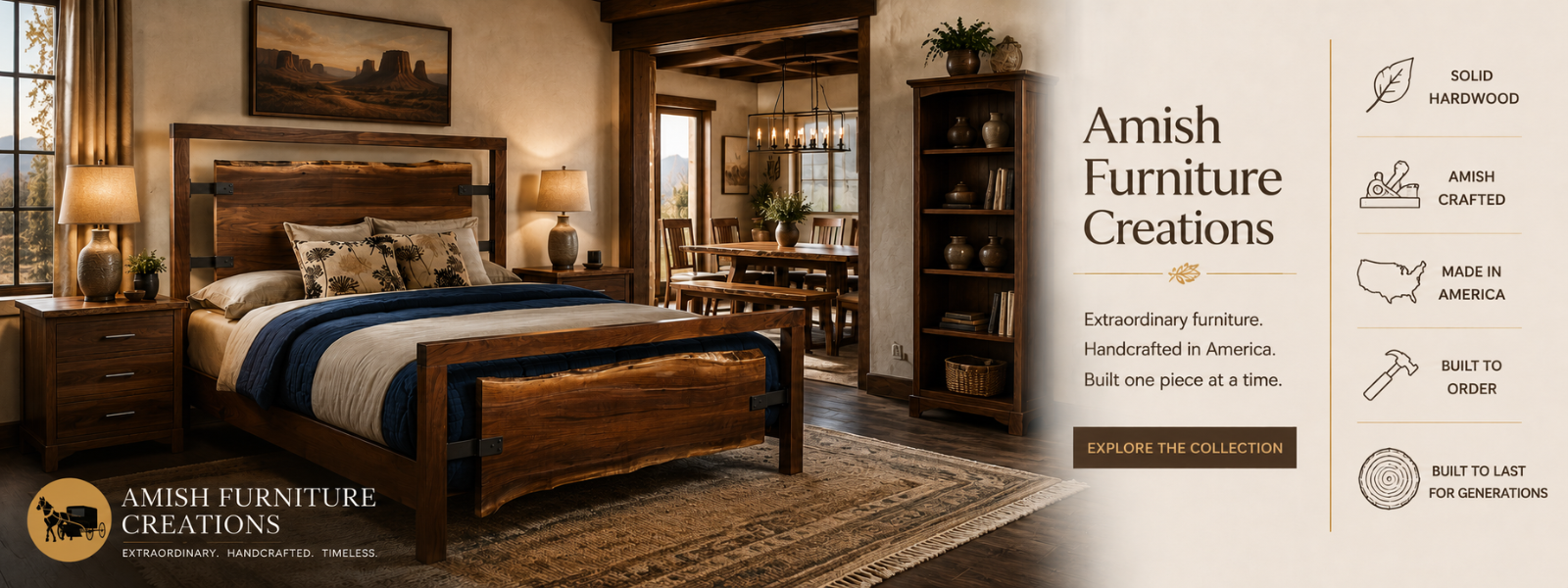 A rustic Amish wooden bed frame with a matching headboard and footboard, styled in a warm, traditional bedroom setting. The image includes a text and icon panel on the right highlighting product features such as solid hardwood construction, handcrafted quality, and Made in America. Center text reads Amish Furniture Creations - Extraordinary furniture - Handcrafted in America - Built one piece at a time - above an Explore the Collection button.  Amish Furniture Creations store logo in the lower left corner.