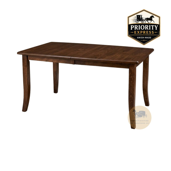 A dark brown wooden extendable dining table with 4 legs shown from a three-quarter angle on a white background, with a Priority Express brand badge in the top right corner and an Amish Furniture Creations logo in the lower right.