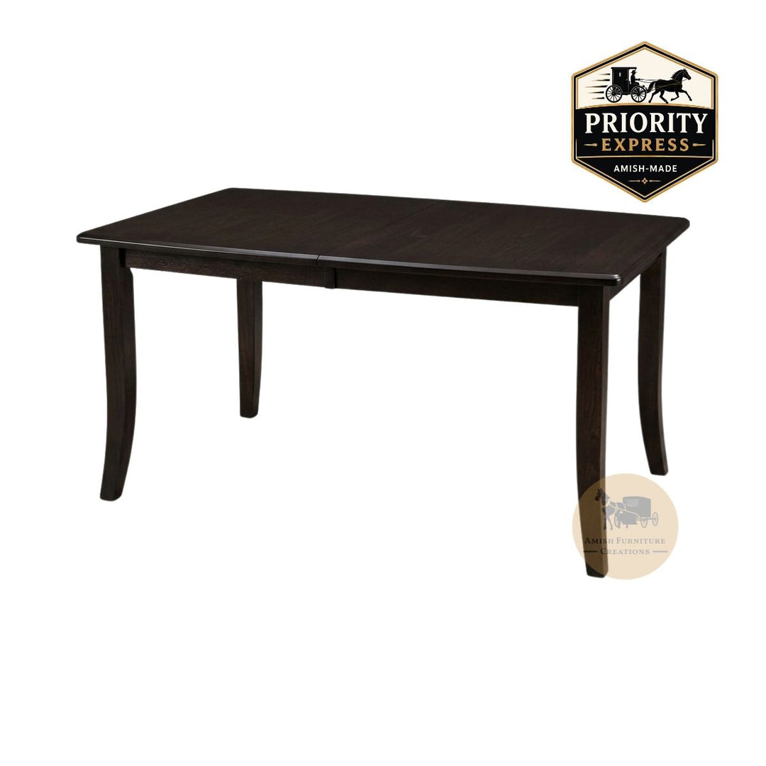 A blackish brown wooden extendable dining table with 4 legs shown from a three-quarter angle on a white background, with a Priority Express brand badge in the top right corner and an Amish Furniture Creations logo in the lower right.