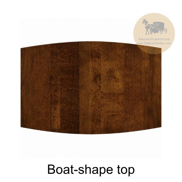 A boat-shaped wooden top with a rich dark brown wood grain finish, shown on a white background with the text 'Boat-shape top' and an 'Amish Furniture Creations' logo in the top right.