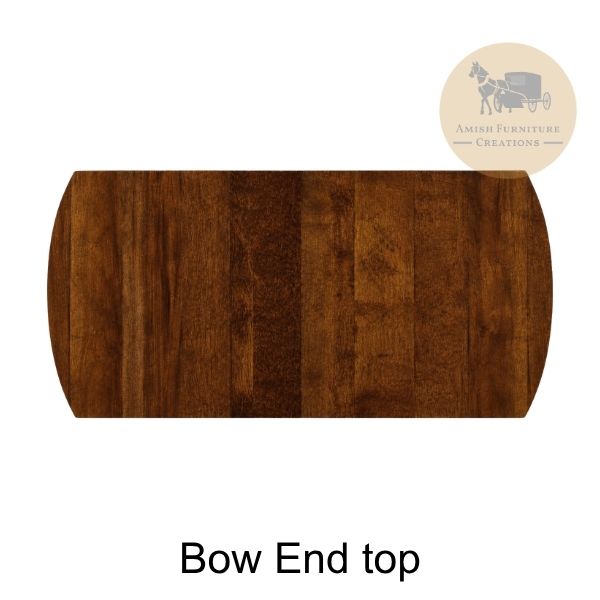 A dark brown wooden tabletop with rounded ends, shown on a white background with the text 'Bow End top' and an Amish Furniture Creations logo in the upper right.