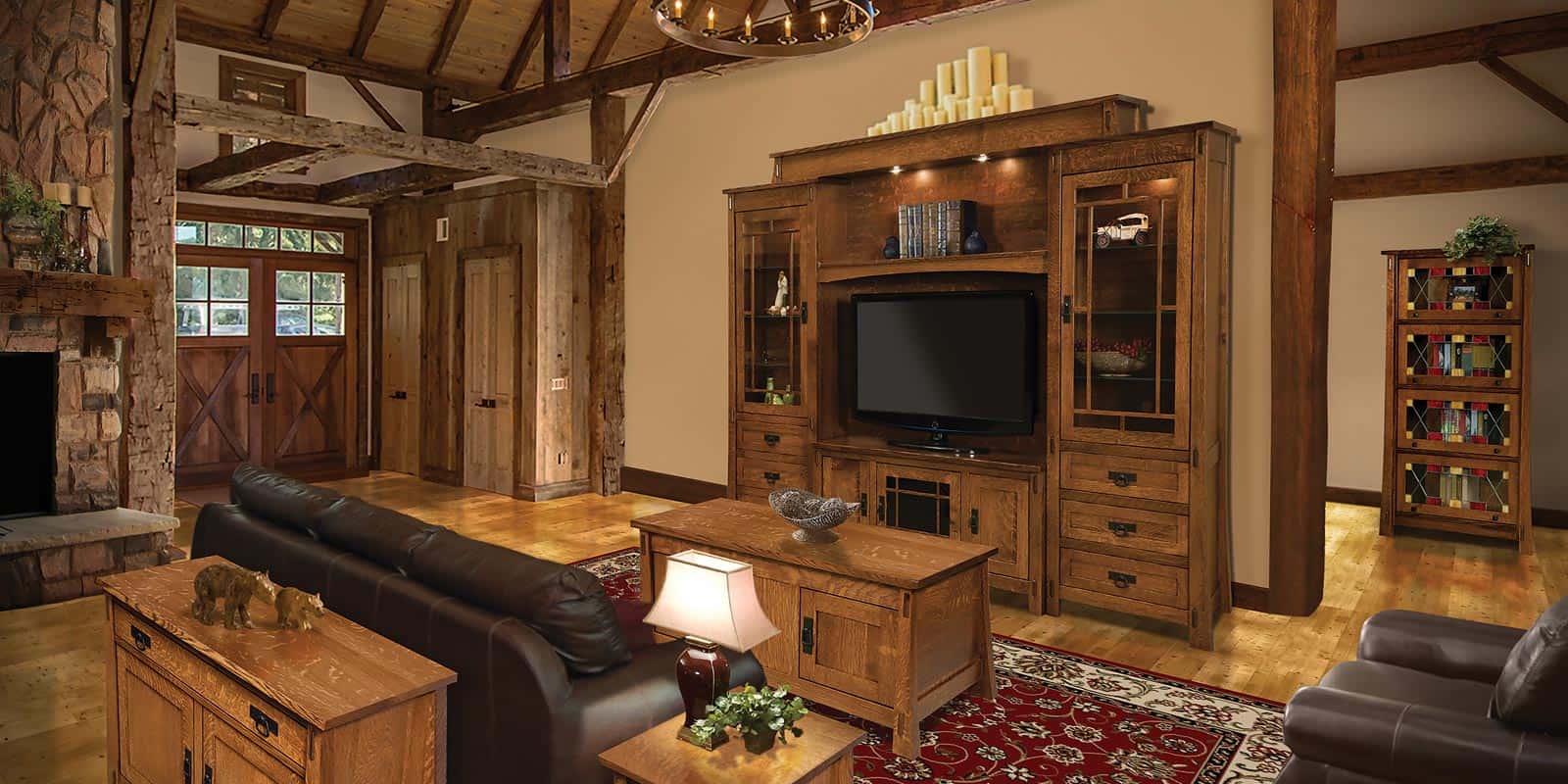A living room with a tv and a wood cabinet