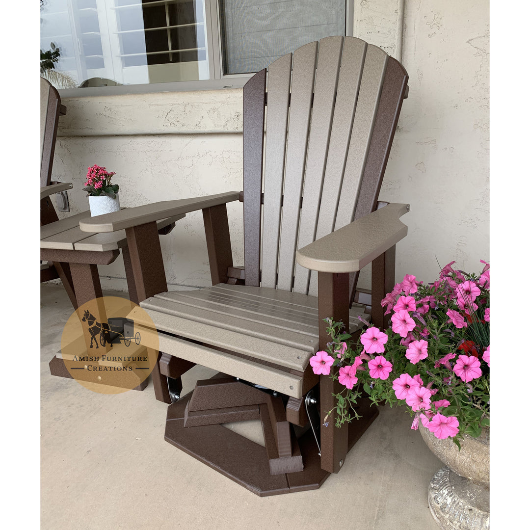 Amish made Outdoor Poly Lumber Adirondack Swivel Glider in Tudor Brown and Weathered Wood - Amish Furniture Creations™