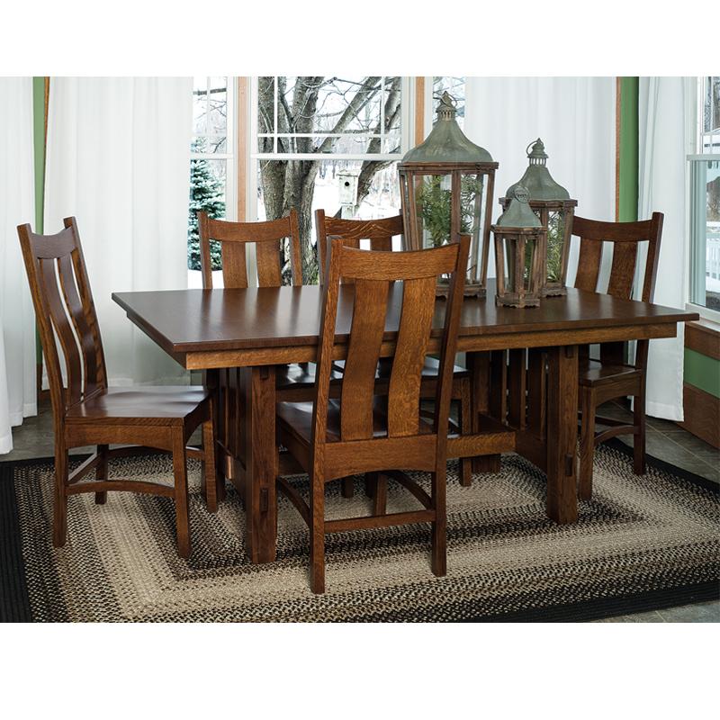 Amish made Mission Goshen Trestle Table and 6 Wood Seat Side Chairs in Solid Quartersawn Oak | Amish Furniture Creations ™