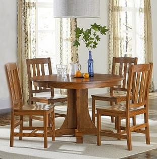 Amish made Old Mission Pedestal Table and 4 Wood Seat Side Chairs in Solid Oak | Amish Furniture Creations ™